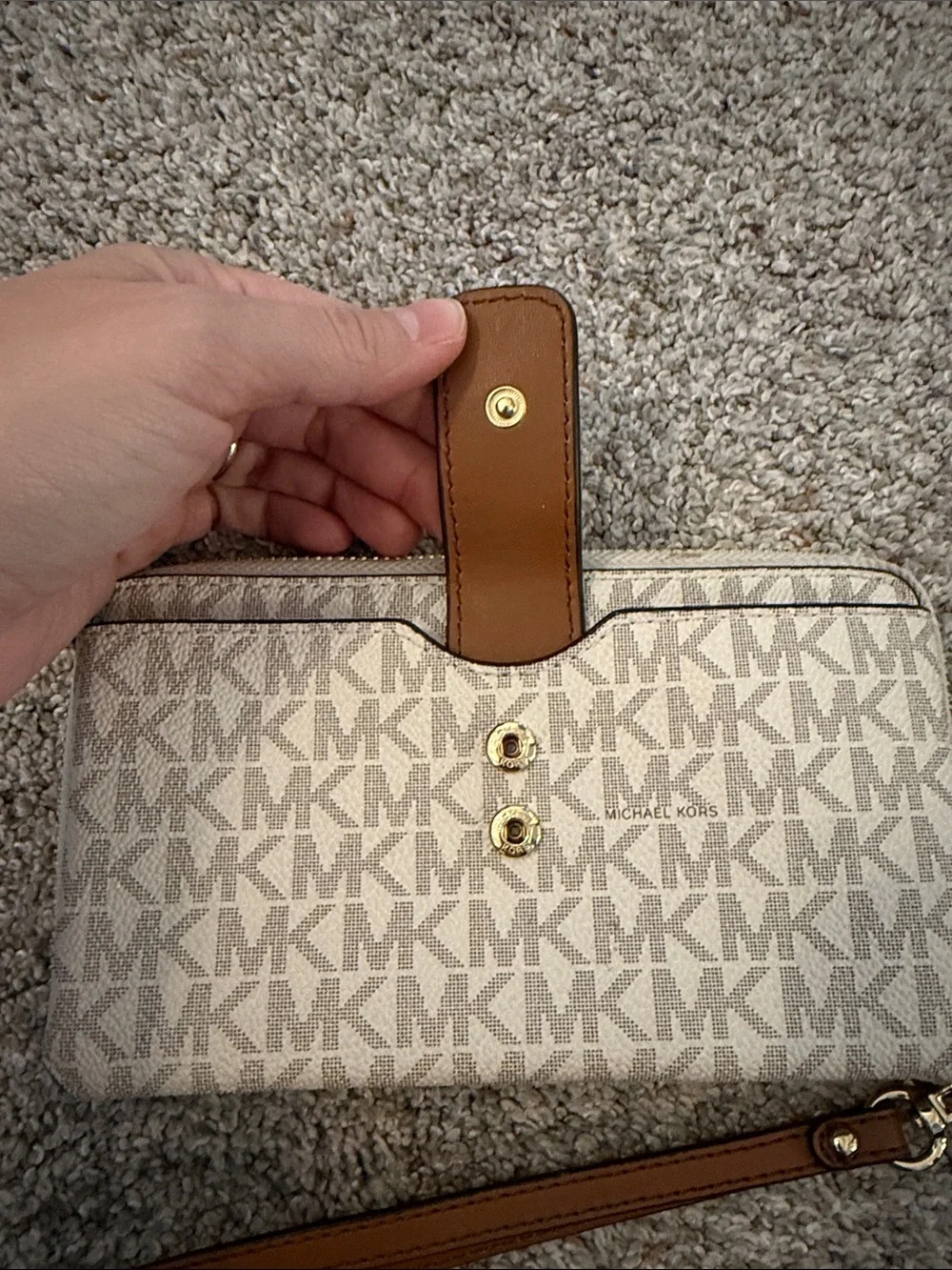 Michael Kors Beige Signature MK Zip Wristlet Wallet with Brown Strap